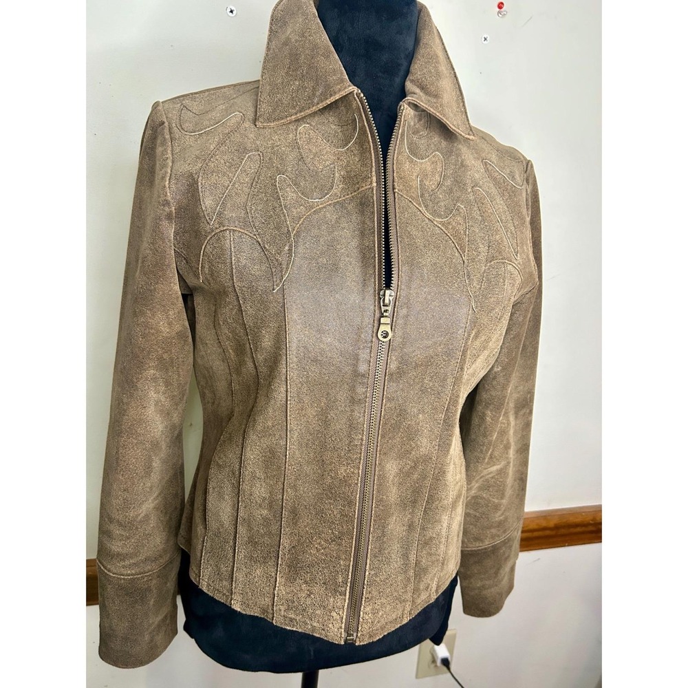 Vintage Leather Jacket Womens M Brown Distressed Flame Embroidery Western Good - Picture 7 of 17